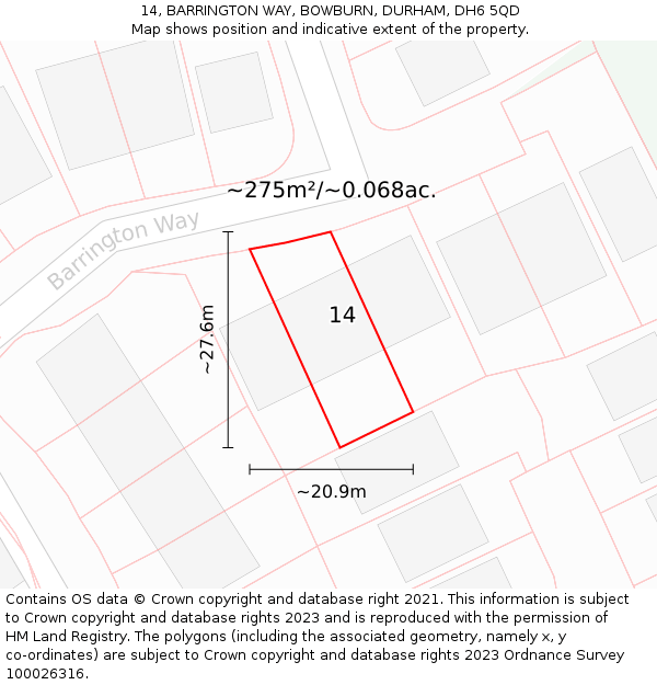 14, BARRINGTON WAY, BOWBURN, DURHAM, DH6 5QD: Plot and title map