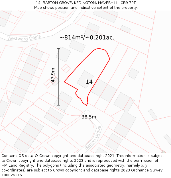 14, BARTON GROVE, KEDINGTON, HAVERHILL, CB9 7PT: Plot and title map