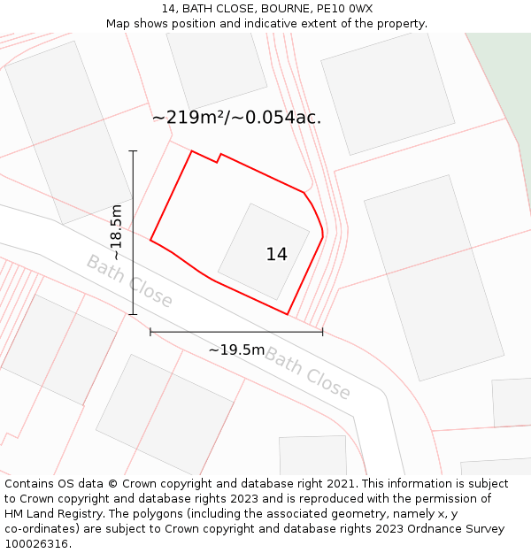 14, BATH CLOSE, BOURNE, PE10 0WX: Plot and title map