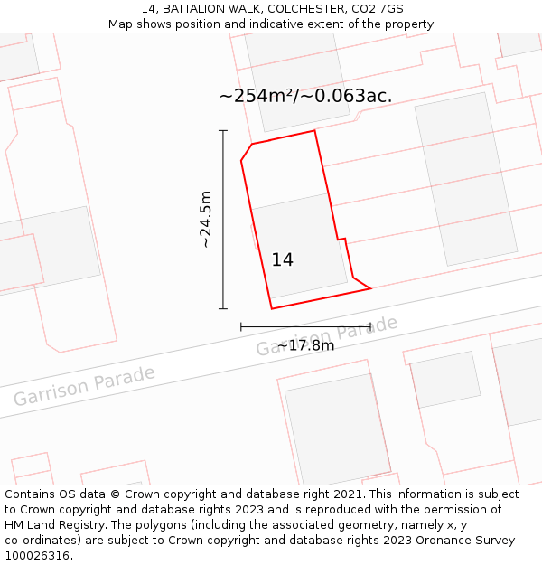 14, BATTALION WALK, COLCHESTER, CO2 7GS: Plot and title map