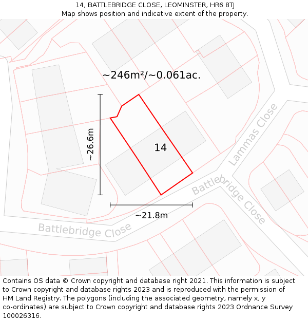 14, BATTLEBRIDGE CLOSE, LEOMINSTER, HR6 8TJ: Plot and title map