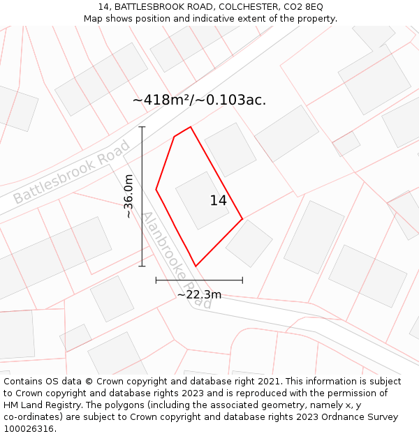 14, BATTLESBROOK ROAD, COLCHESTER, CO2 8EQ: Plot and title map