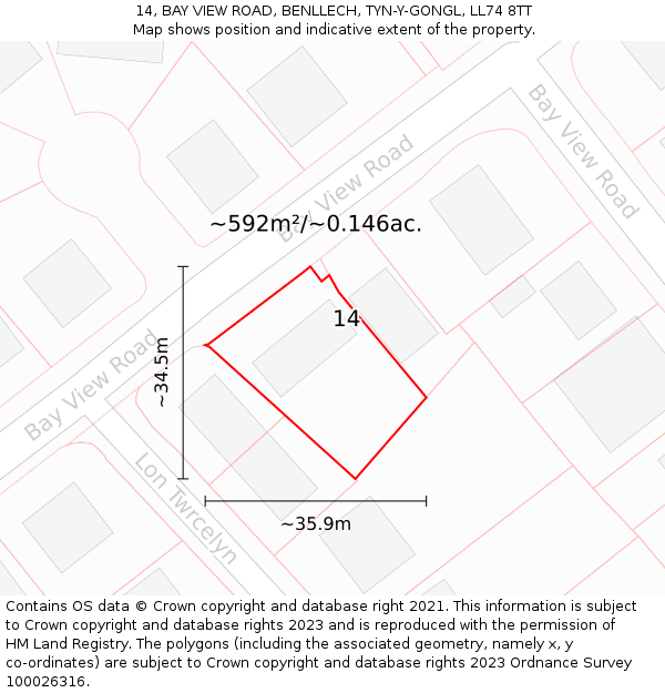 14, BAY VIEW ROAD, BENLLECH, TYN-Y-GONGL, LL74 8TT: Plot and title map