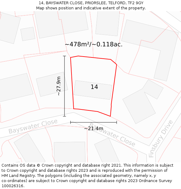 14, BAYSWATER CLOSE, PRIORSLEE, TELFORD, TF2 9GY: Plot and title map