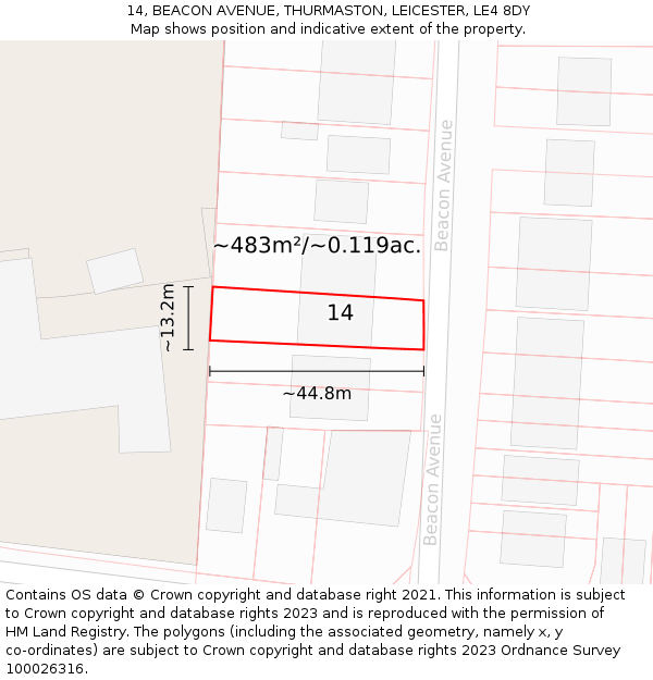 14, BEACON AVENUE, THURMASTON, LEICESTER, LE4 8DY: Plot and title map