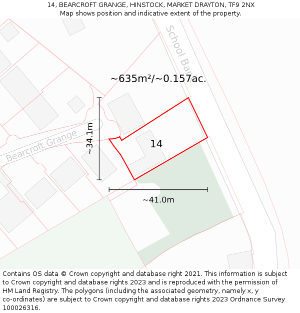 14, BEARCROFT GRANGE, HINSTOCK, MARKET DRAYTON, TF9 2NX: Plot and title map