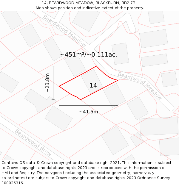 14, BEARDWOOD MEADOW, BLACKBURN, BB2 7BH: Plot and title map