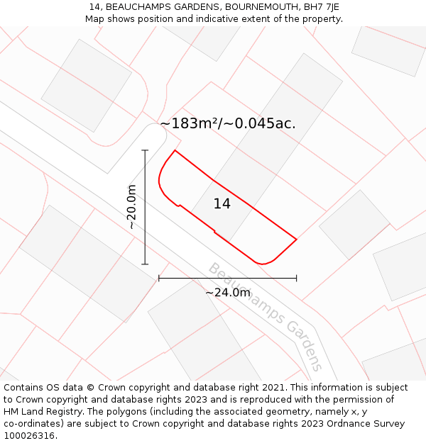 14, BEAUCHAMPS GARDENS, BOURNEMOUTH, BH7 7JE: Plot and title map