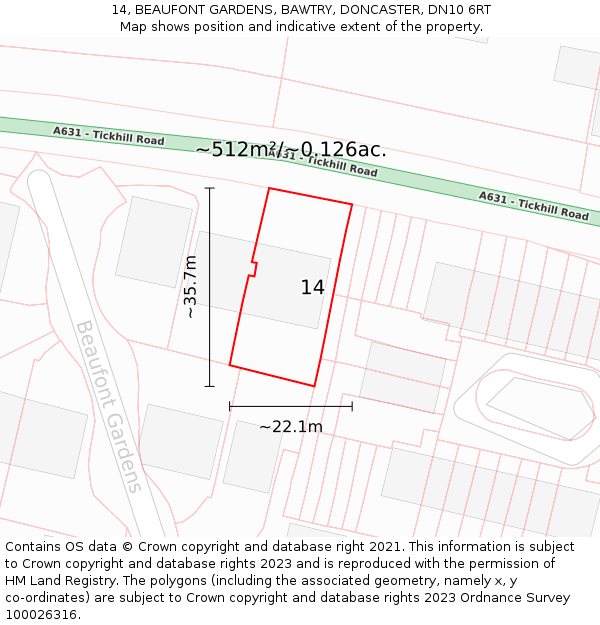 14, BEAUFONT GARDENS, BAWTRY, DONCASTER, DN10 6RT: Plot and title map