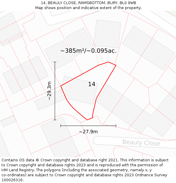 14, BEAULY CLOSE, RAMSBOTTOM, BURY, BL0 9WB: Plot and title map