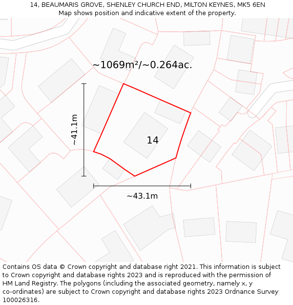 14, BEAUMARIS GROVE, SHENLEY CHURCH END, MILTON KEYNES, MK5 6EN: Plot and title map