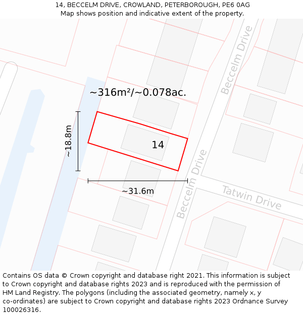 14, BECCELM DRIVE, CROWLAND, PETERBOROUGH, PE6 0AG: Plot and title map