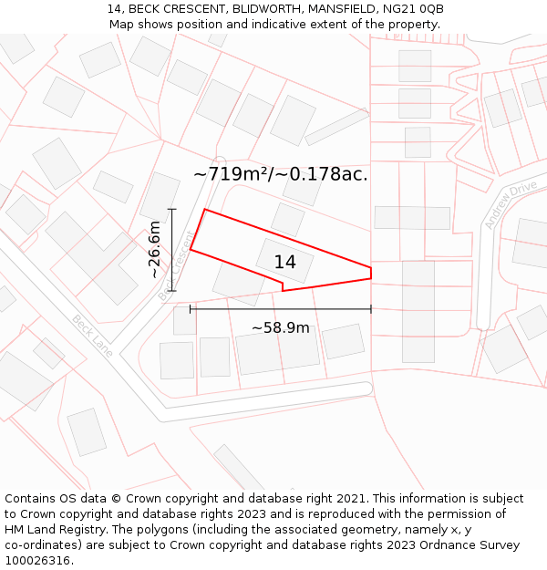 14, BECK CRESCENT, BLIDWORTH, MANSFIELD, NG21 0QB: Plot and title map