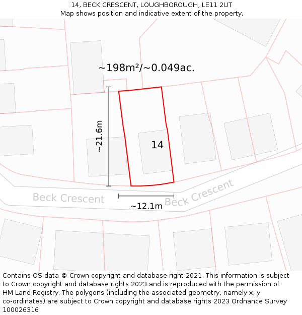 14, BECK CRESCENT, LOUGHBOROUGH, LE11 2UT: Plot and title map