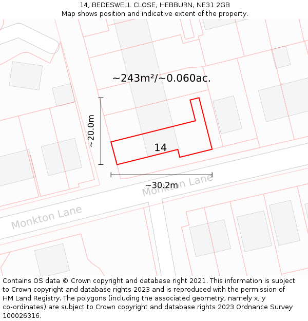 14, BEDESWELL CLOSE, HEBBURN, NE31 2GB: Plot and title map