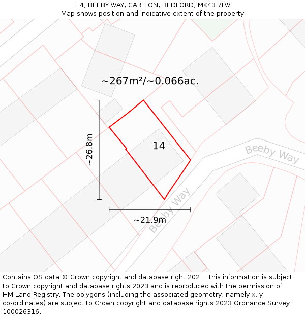 14, BEEBY WAY, CARLTON, BEDFORD, MK43 7LW: Plot and title map