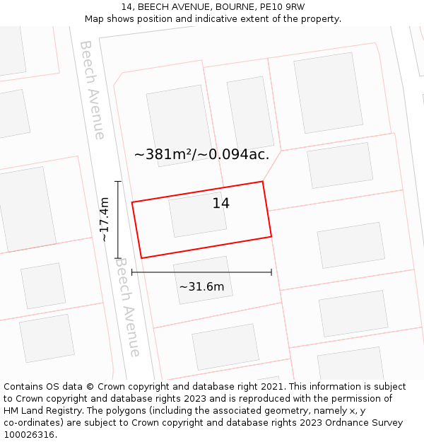 14, BEECH AVENUE, BOURNE, PE10 9RW: Plot and title map