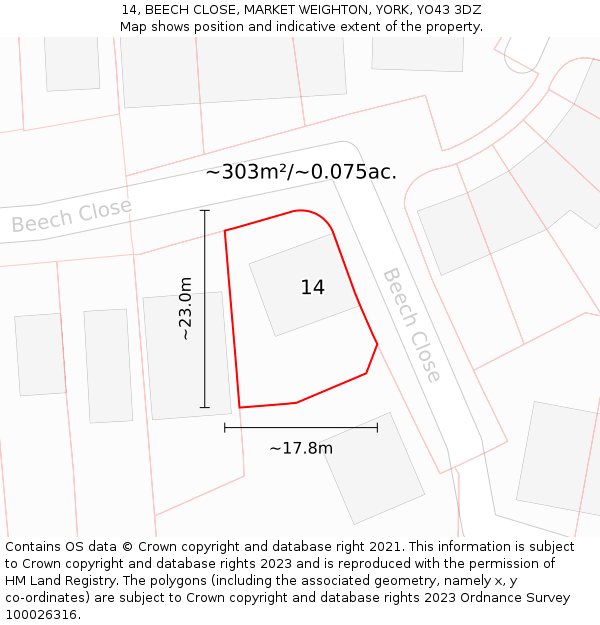 14, BEECH CLOSE, MARKET WEIGHTON, YORK, YO43 3DZ: Plot and title map