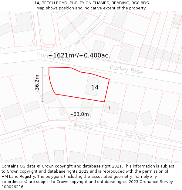 14, BEECH ROAD, PURLEY ON THAMES, READING, RG8 8DS: Plot and title map