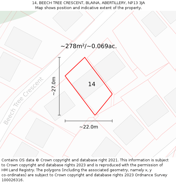 14, BEECH TREE CRESCENT, BLAINA, ABERTILLERY, NP13 3JA: Plot and title map