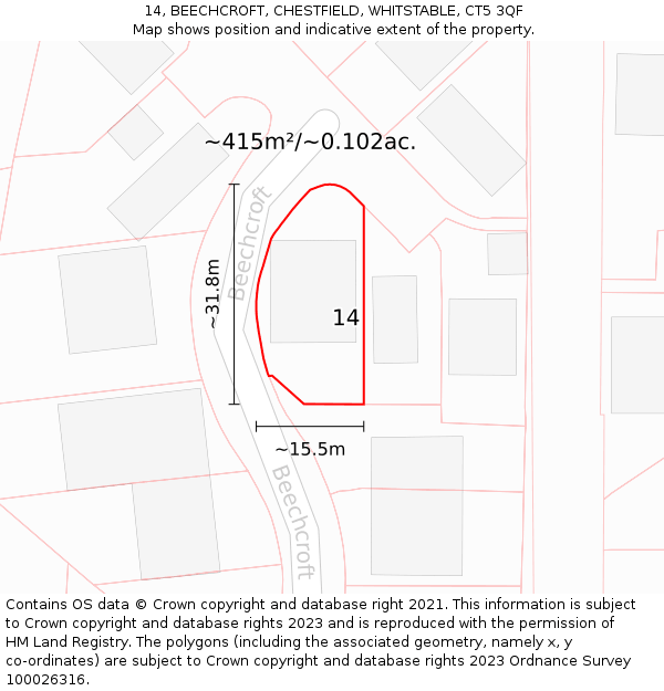 14, BEECHCROFT, CHESTFIELD, WHITSTABLE, CT5 3QF: Plot and title map