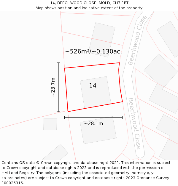 14, BEECHWOOD CLOSE, MOLD, CH7 1RT: Plot and title map