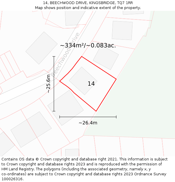 14, BEECHWOOD DRIVE, KINGSBRIDGE, TQ7 1RR: Plot and title map