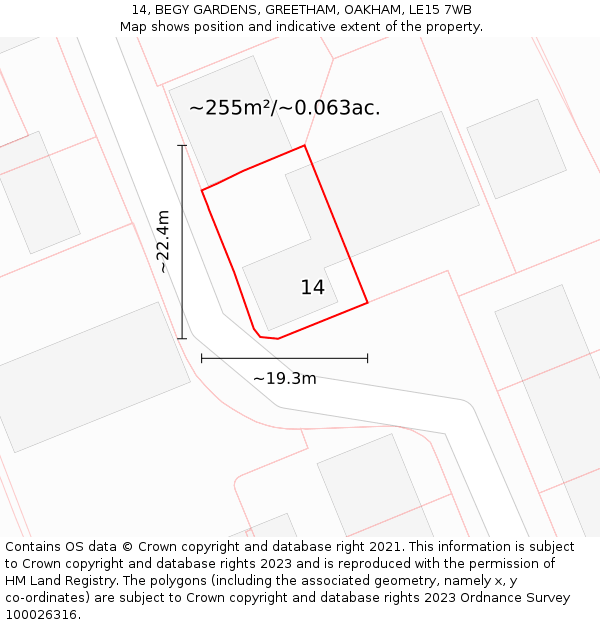 14, BEGY GARDENS, GREETHAM, OAKHAM, LE15 7WB: Plot and title map