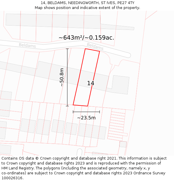 14, BELDAMS, NEEDINGWORTH, ST IVES, PE27 4TY: Plot and title map