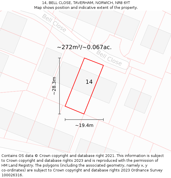 14, BELL CLOSE, TAVERHAM, NORWICH, NR8 6YT: Plot and title map