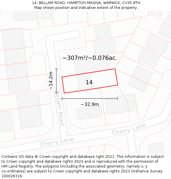 14, BELLAM ROAD, HAMPTON MAGNA, WARWICK, CV35 8TN: Plot and title map