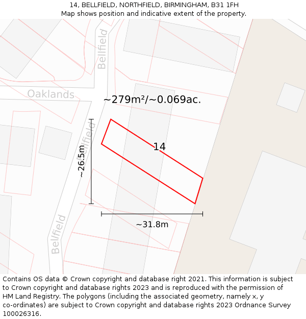 14, BELLFIELD, NORTHFIELD, BIRMINGHAM, B31 1FH: Plot and title map