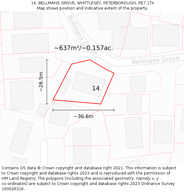 14, BELLMANS GROVE, WHITTLESEY, PETERBOROUGH, PE7 1TX: Plot and title map