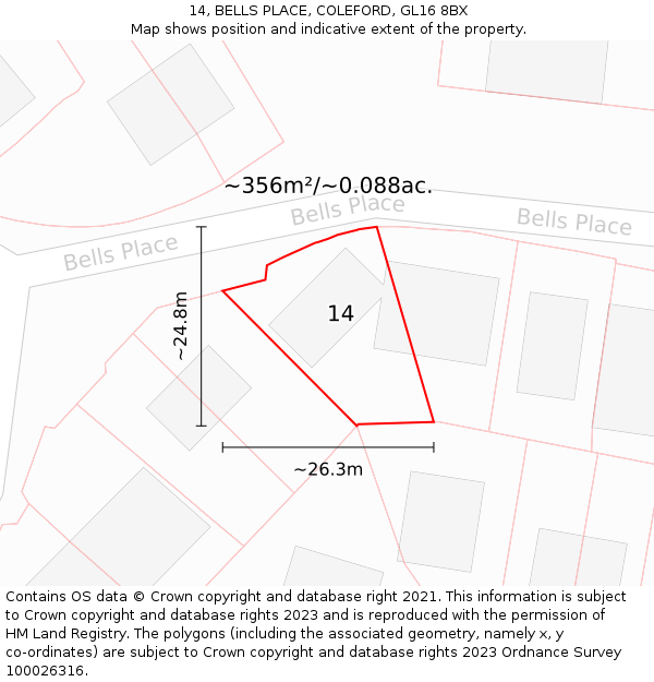 14, BELLS PLACE, COLEFORD, GL16 8BX: Plot and title map