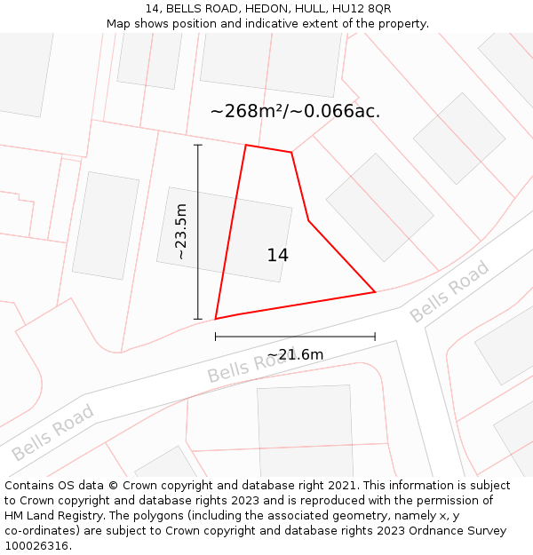 14, BELLS ROAD, HEDON, HULL, HU12 8QR: Plot and title map