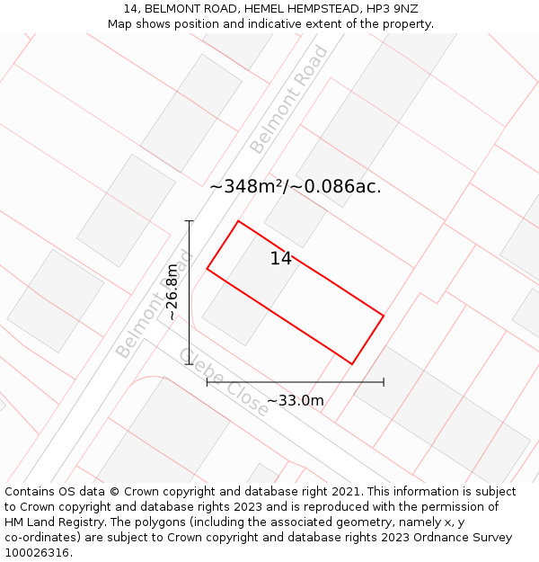 14, BELMONT ROAD, HEMEL HEMPSTEAD, HP3 9NZ: Plot and title map