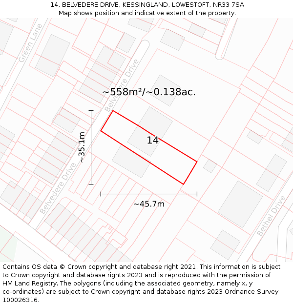 14, BELVEDERE DRIVE, KESSINGLAND, LOWESTOFT, NR33 7SA: Plot and title map