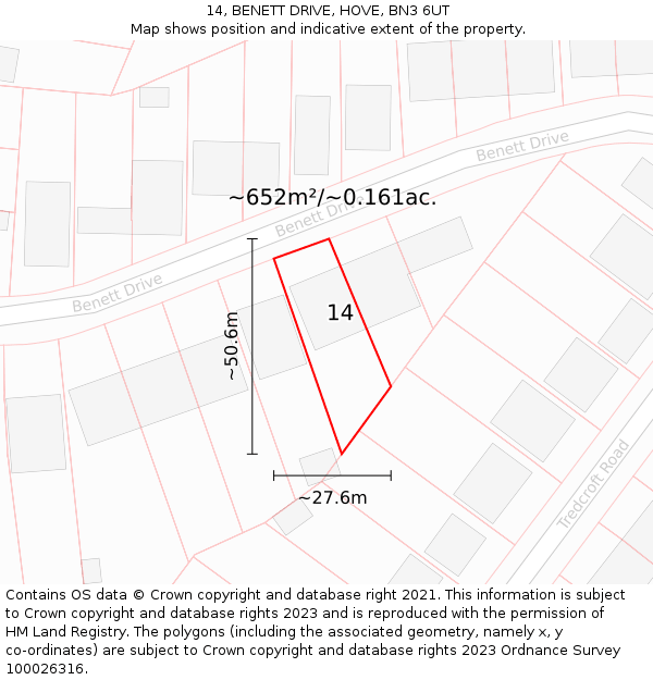 14, BENETT DRIVE, HOVE, BN3 6UT: Plot and title map