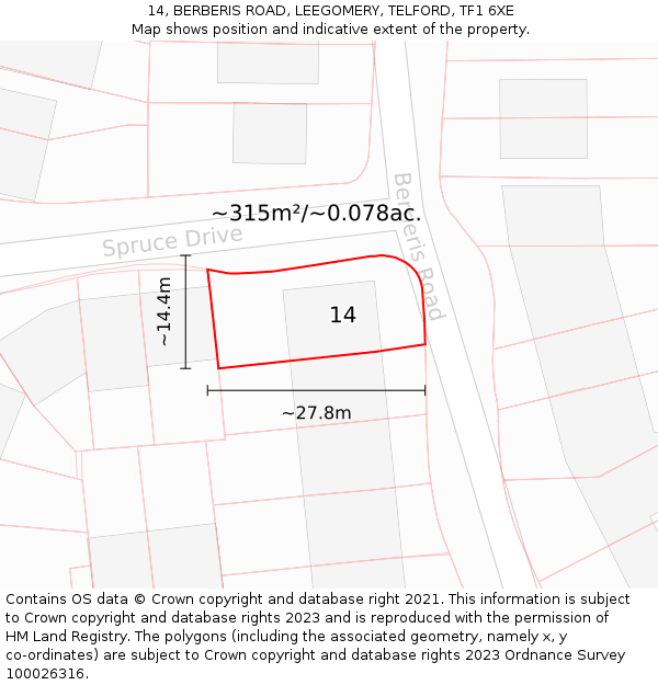 14, BERBERIS ROAD, LEEGOMERY, TELFORD, TF1 6XE: Plot and title map