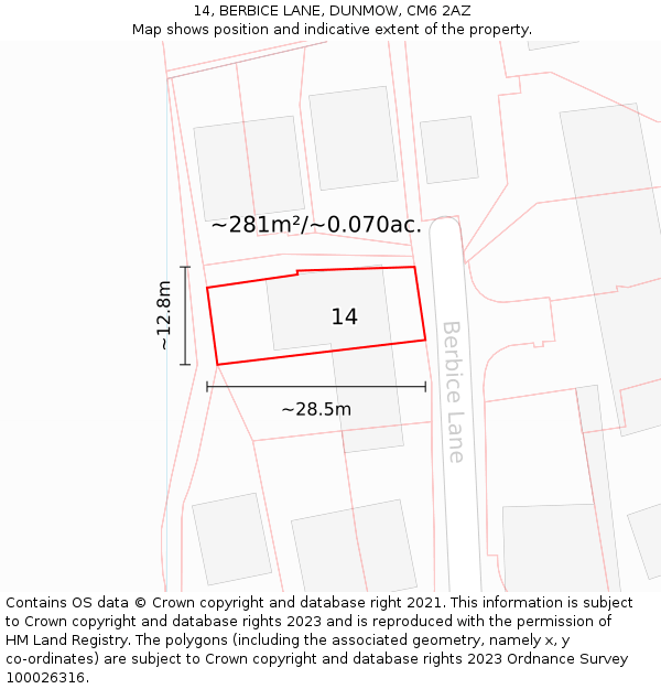 14, BERBICE LANE, DUNMOW, CM6 2AZ: Plot and title map