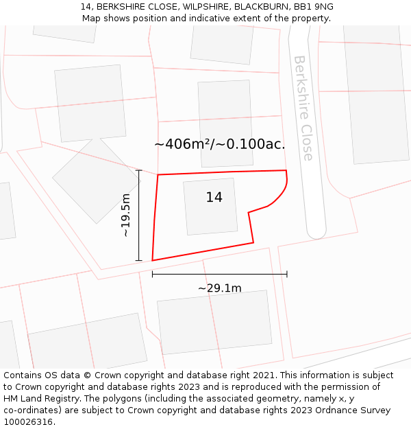 14, BERKSHIRE CLOSE, WILPSHIRE, BLACKBURN, BB1 9NG: Plot and title map