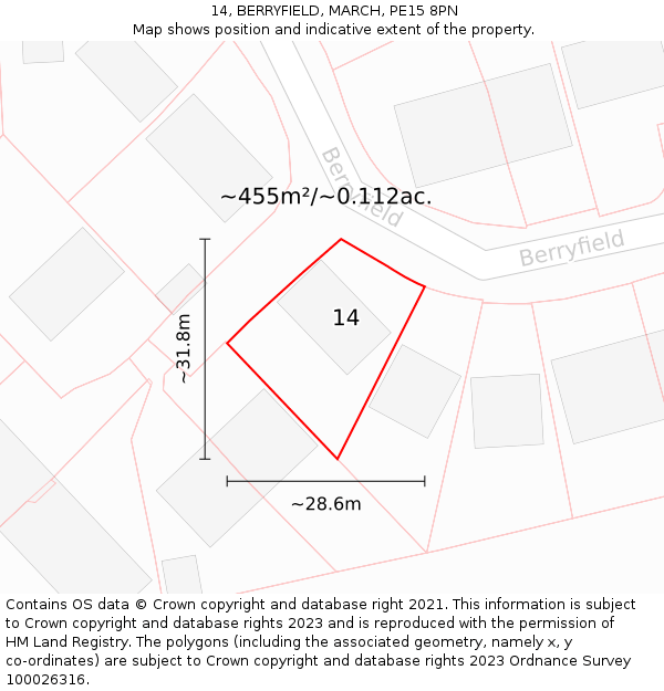 14, BERRYFIELD, MARCH, PE15 8PN: Plot and title map