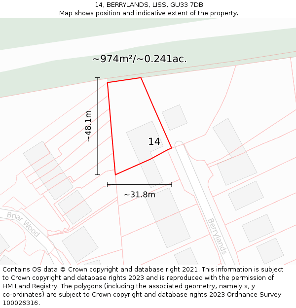 14, BERRYLANDS, LISS, GU33 7DB: Plot and title map