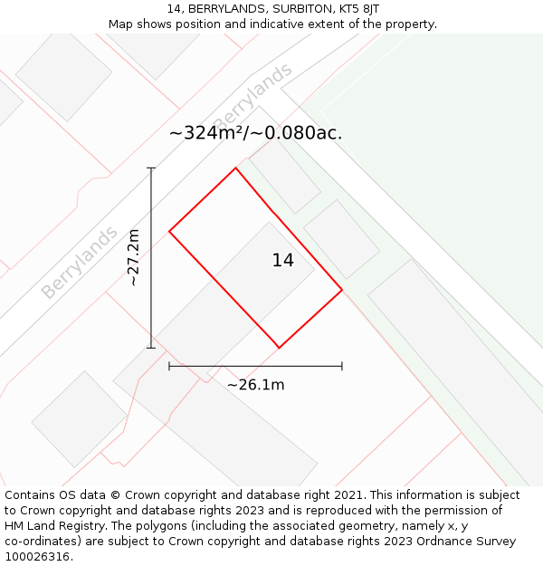 14, BERRYLANDS, SURBITON, KT5 8JT: Plot and title map