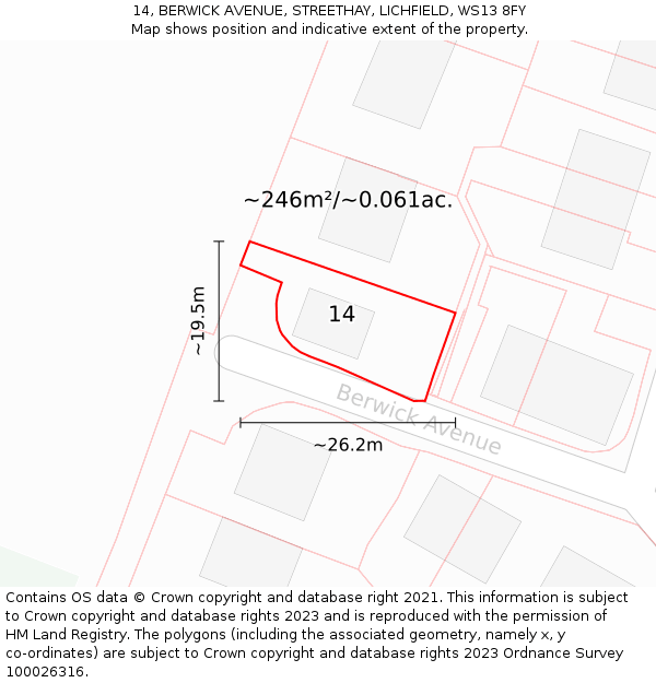 14, BERWICK AVENUE, STREETHAY, LICHFIELD, WS13 8FY: Plot and title map