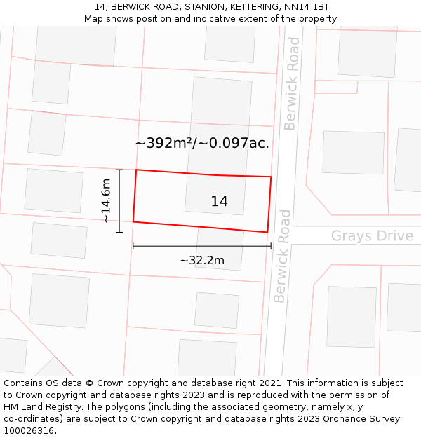 14, BERWICK ROAD, STANION, KETTERING, NN14 1BT: Plot and title map