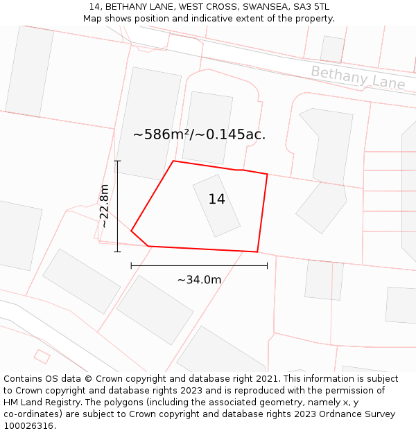 14, BETHANY LANE, WEST CROSS, SWANSEA, SA3 5TL: Plot and title map