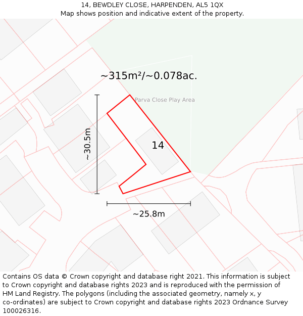 14, BEWDLEY CLOSE, HARPENDEN, AL5 1QX: Plot and title map