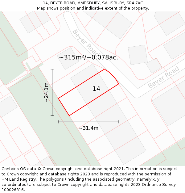 14, BEYER ROAD, AMESBURY, SALISBURY, SP4 7XG: Plot and title map