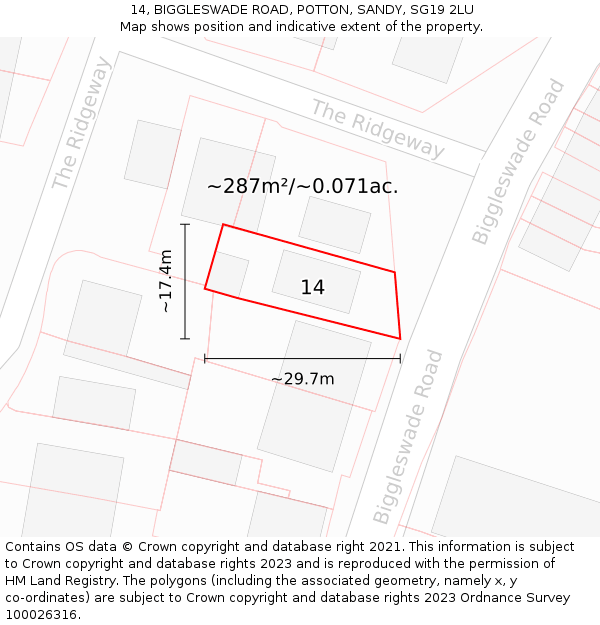 14, BIGGLESWADE ROAD, POTTON, SANDY, SG19 2LU: Plot and title map